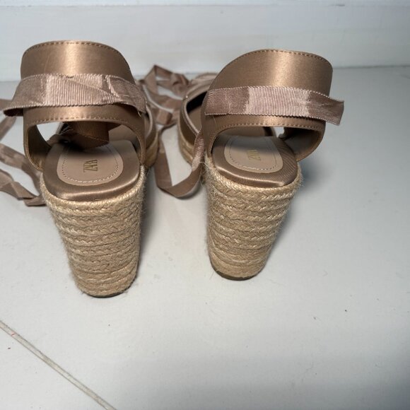 ZARA Nude Satin Ribbon Espadrille Wedge Sandals – Size EU 41 = US Women’s 10 - Picture 2 of 5